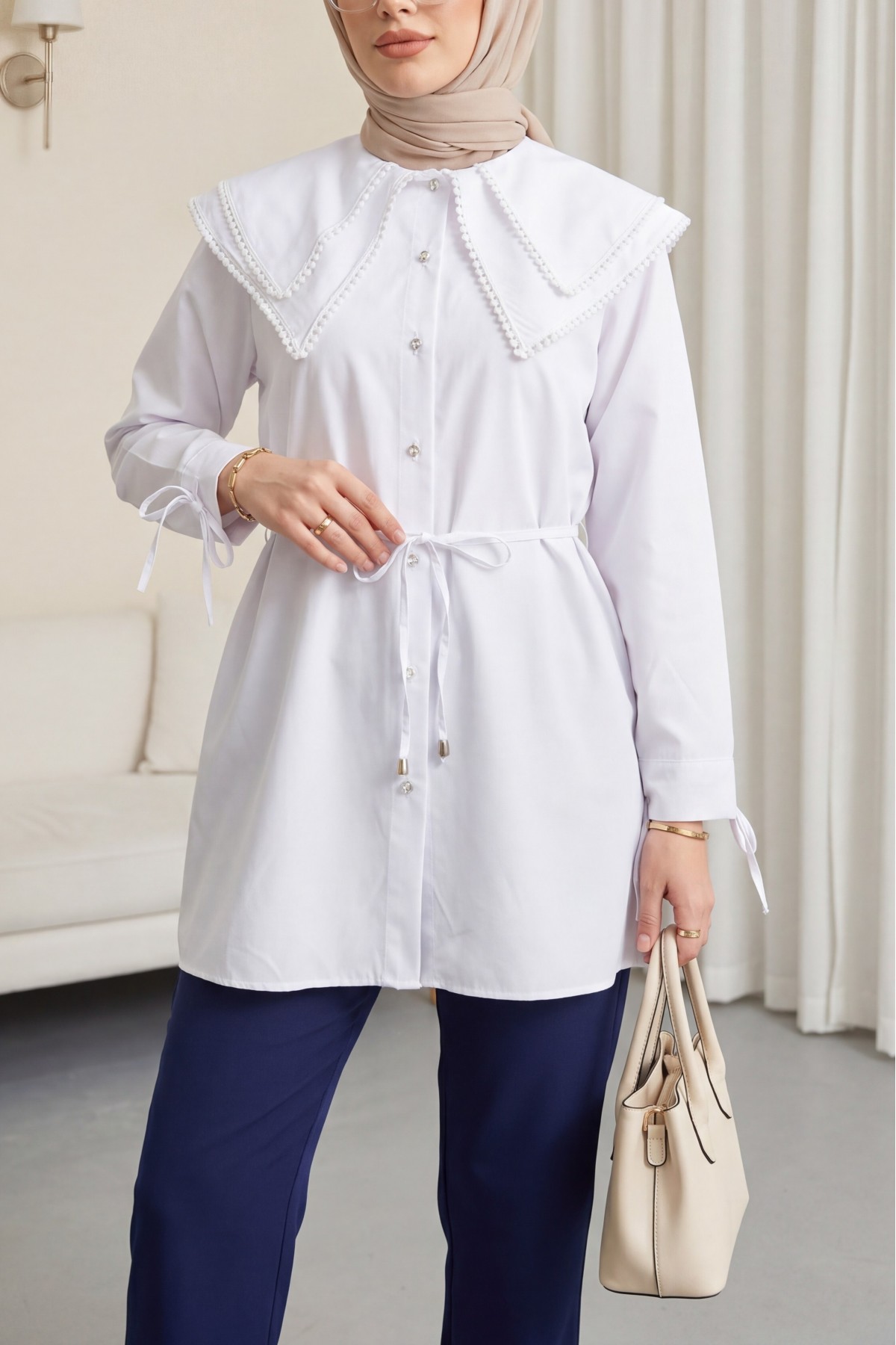 Poplin Tunic with Lace Neckline and Drawstring Waist and Sleeves -White