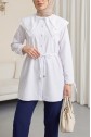 Poplin Tunic with Lace Neckline and Drawstring Waist and Sleeves -White