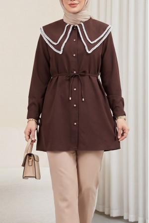 Poplin Tunic with Lace Neckline and Drawstring Waist and Sleeves -Brown