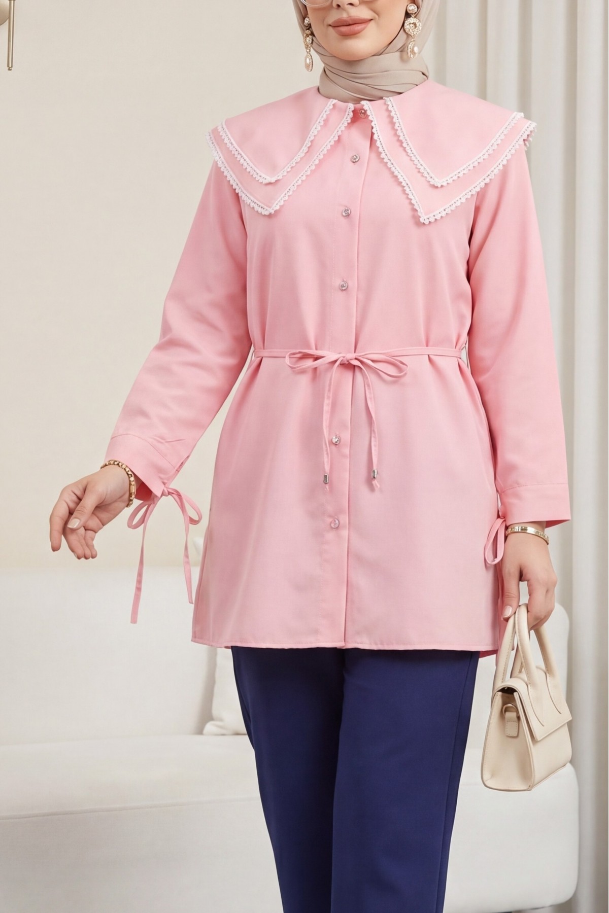 Poplin Tunic with Lace Neckline and Drawstring Waist and Sleeves -Pink