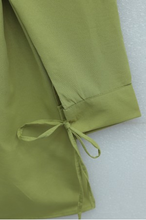 Yakası Dantelli Beli Ve Kolu Bağcıklı Poplin Tunik  -Yağ Yeşili
