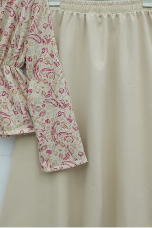 V-Neck, Gathered Waist, Single Button, Patterned Double Set - Beige
