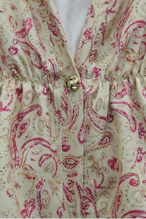 V-Neck, Gathered Waist, Single Button, Patterned Double Set - Beige