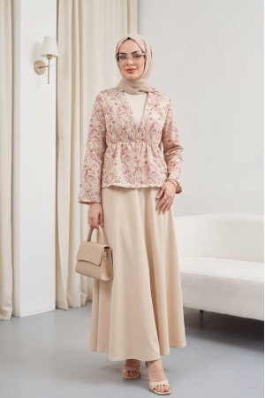 V-Neck, Gathered Waist, Single Button, Patterned Double Set - Beige