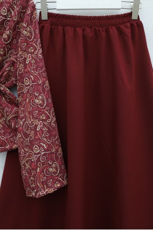 V-Neck, Gathered Waist, Single Button, Patterned Double Set -Maroon