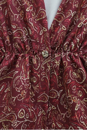 V-Neck, Gathered Waist, Single Button, Patterned Double Set -Maroon