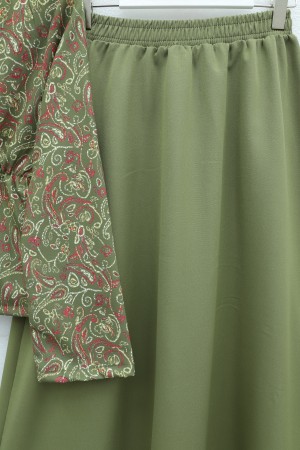 V-Neck, Gathered Waist, Single Button, Patterned Double Set -Khaki