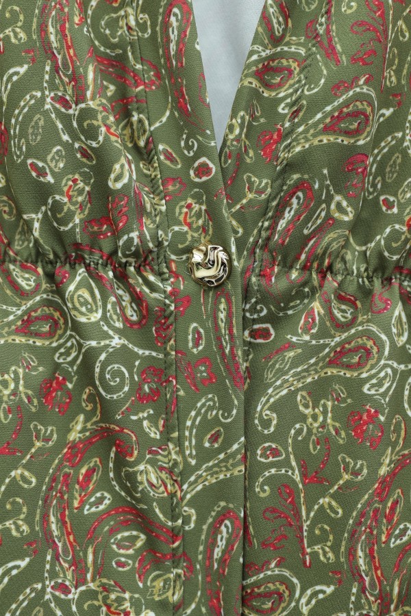 V-Neck, Gathered Waist, Single Button, Patterned Double Set -Khaki