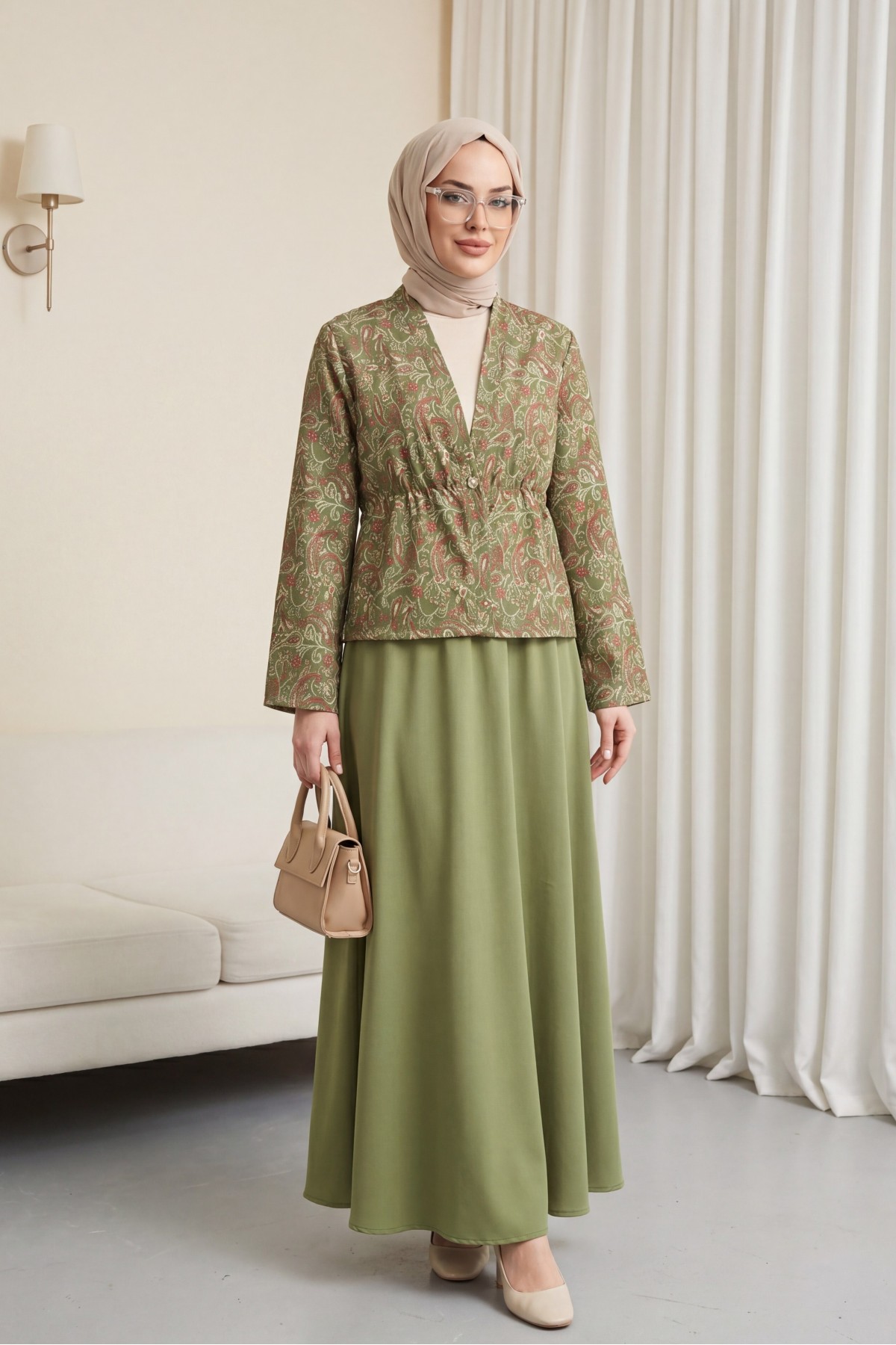 V-Neck, Gathered Waist, Single Button, Patterned Double Set -Khaki