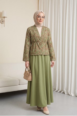 V-Neck, Gathered Waist, Single Button, Patterned Double Set -Khaki