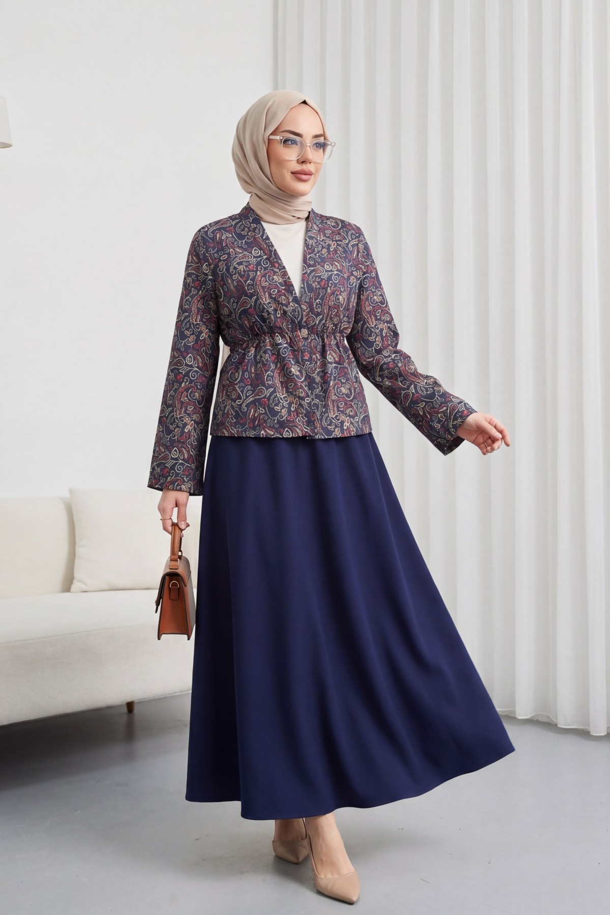 V-Neck, Gathered Waist, Single Button, Patterned Double Set -Navy blue