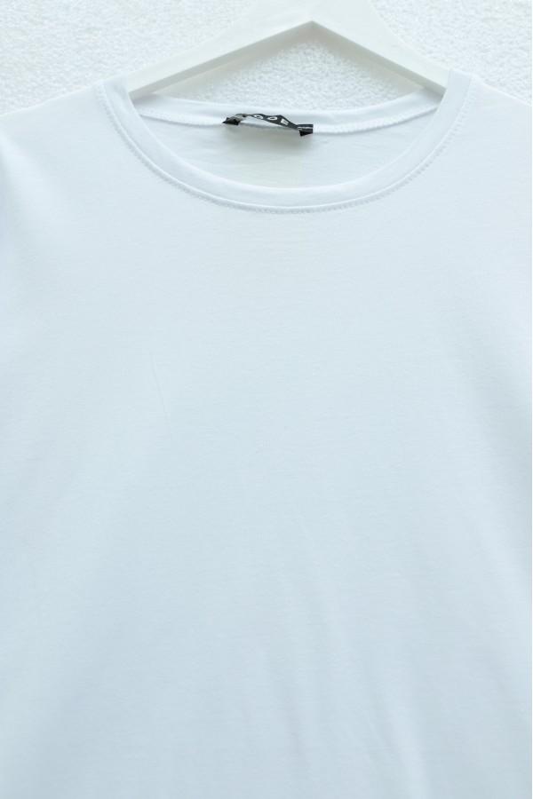 Crew Neck, Slit, Fold-Up Sleeve Cotton T-Shirt-White
