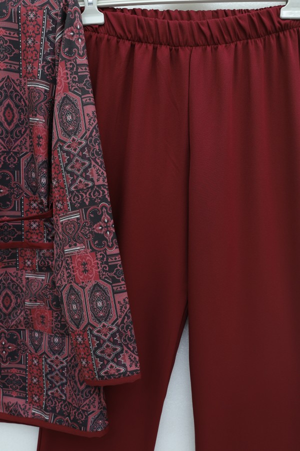 Top Düğmeli Cepli Kemerli Desenli Pantolonlu Dabıl Takım  -Bordo