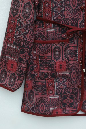 Button-down, Pocketed, Belted, Patterned Trousers Double Set -Maroon