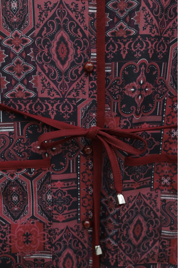 Button-down, Pocketed, Belted, Patterned Trousers Double Set -Maroon