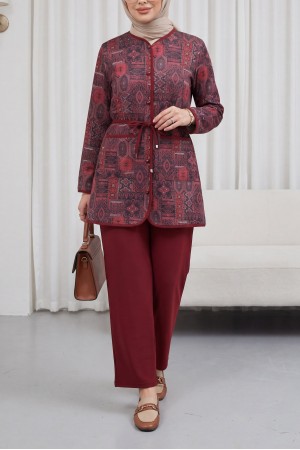 Button-down, Pocketed, Belted, Patterned Trousers Double Set -Maroon