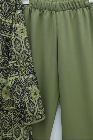Button-down, Pocketed, Belted, Patterned Trousers Double Set -Khaki