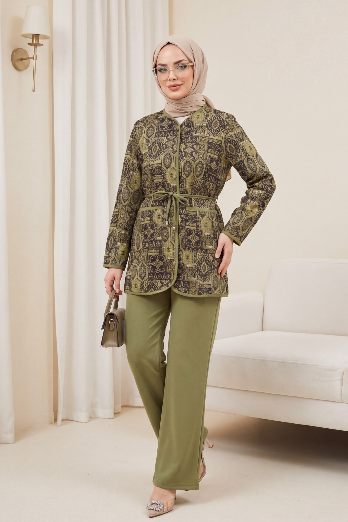 Button-down, Pocketed, Belted, Patterned Trousers Double Set -Khaki