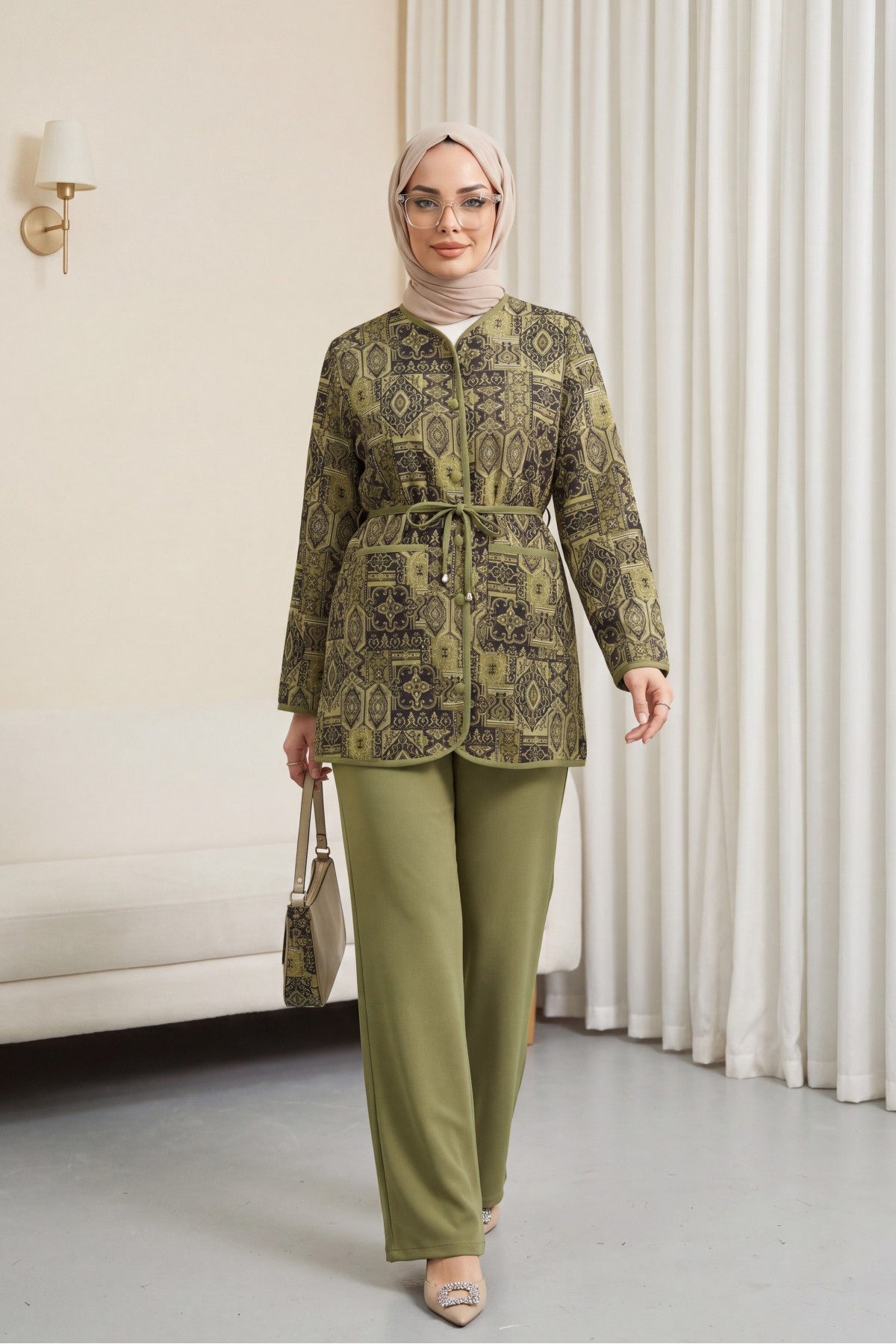 Button-down, Pocketed, Belted, Patterned Trousers Double Set -Khaki