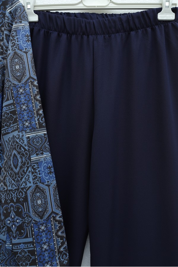 Button-down, Pocketed, Belted, Patterned Trousers Double Set -Navy blue