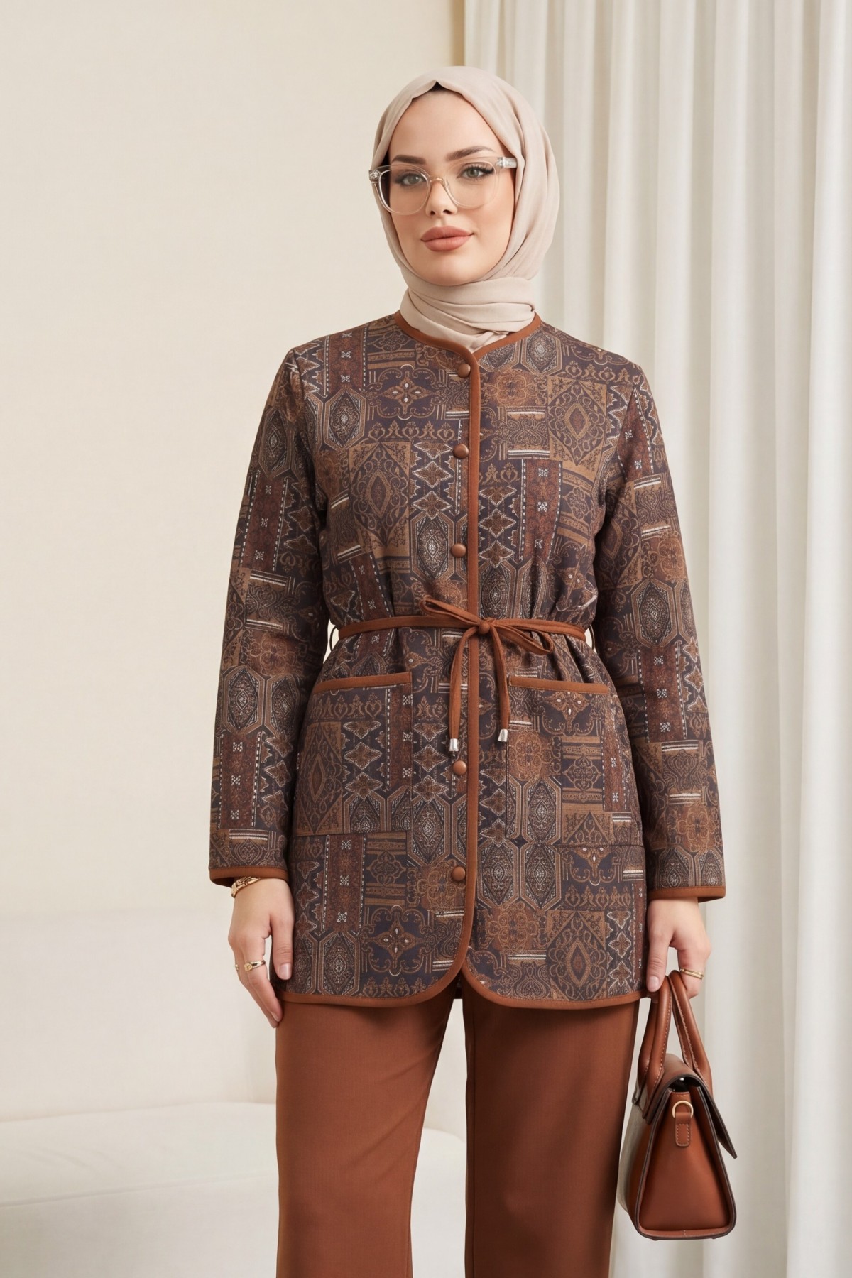 Button-down, Pocketed, Belted, Patterned Trousers Double Set -Snuff