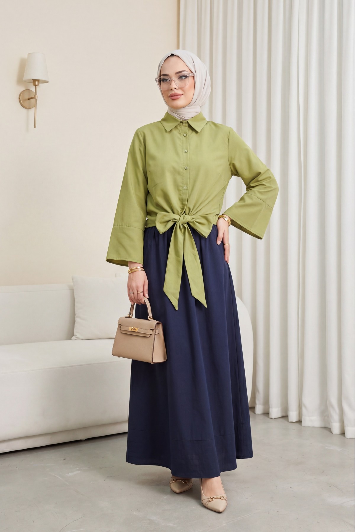 Belted Waist Spanish Sleeve Poplin Shirt Blouse   -Oil Green detay görseli
