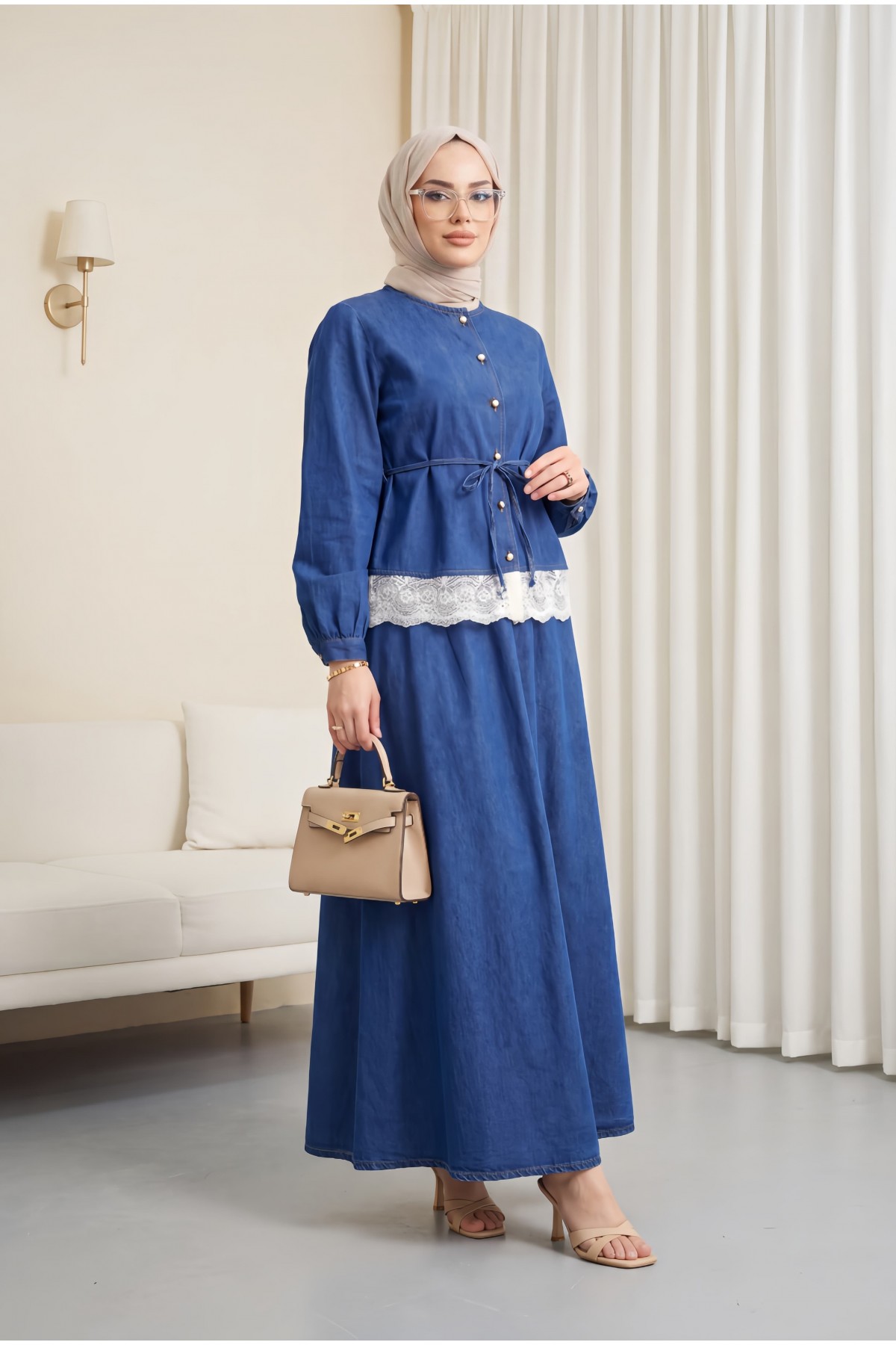 Round Neck, Lace Detail, Belted, Button-Down Skirt Denim Set -İndigo