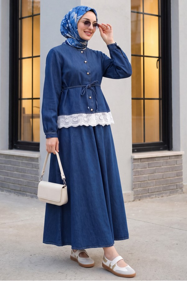 Round Neck, Lace Detail, Belted, Button-Down Skirt Denim Set -İndigo