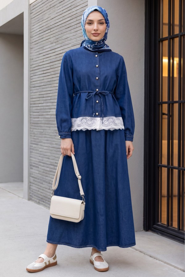 Round Neck, Lace Detail, Belted, Button-Down Skirt Denim Set -İndigo