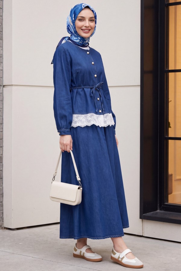 Round Neck, Lace Detail, Belted, Button-Down Skirt Denim Set -İndigo