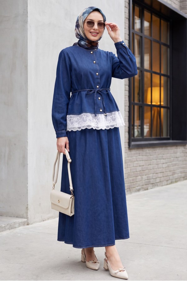 Round Neck, Lace Detail, Belted, Button-Down Skirt Denim Set -dark lacquer