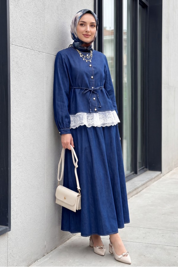 Round Neck, Lace Detail, Belted, Button-Down Skirt Denim Set -dark lacquer