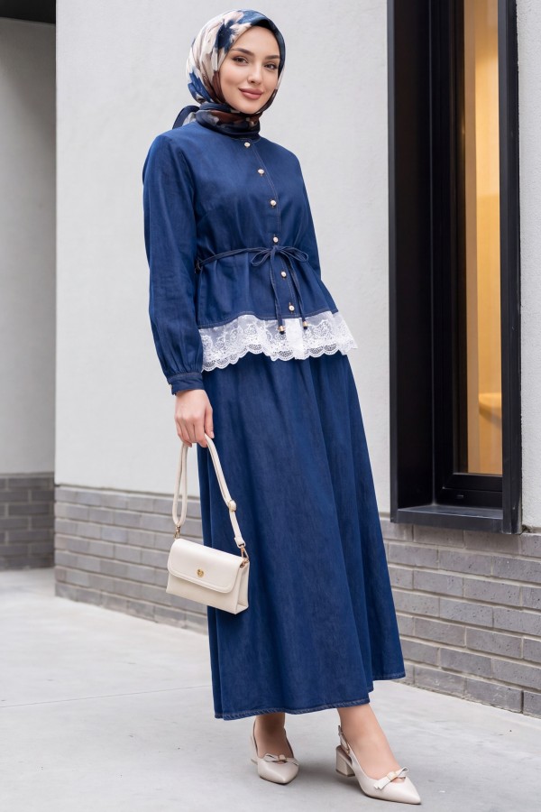 Round Neck, Lace Detail, Belted, Button-Down Skirt Denim Set -dark lacquer