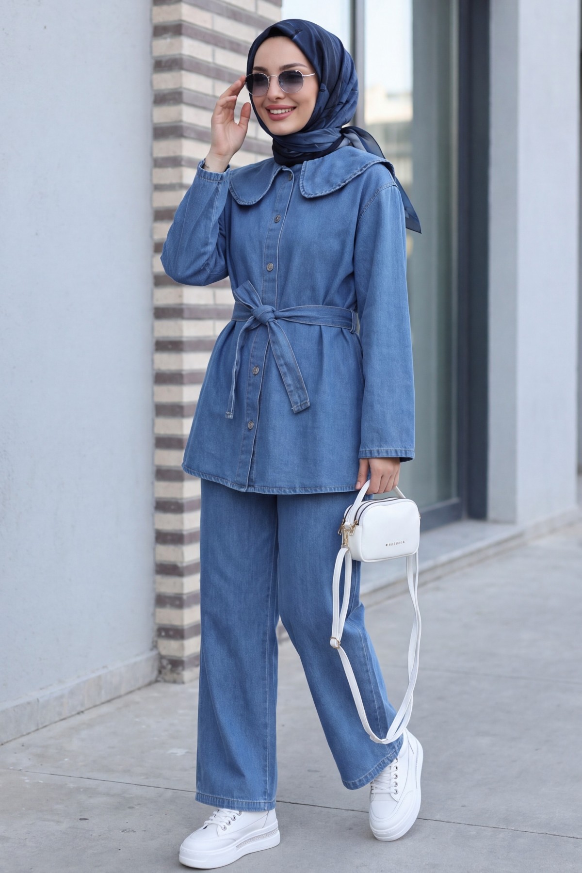Baby Collar, Belted Waist, Button-Front Pants and Denim Set -Ice Blue