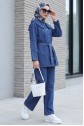 Bebe Yaka Beli Kemerli Önü Düğmeli Pantolonlu Kot Takım -İndigo