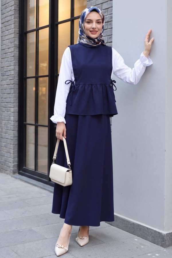 Shirt Detail, Side Lace-Up Ruffled Skirt Double Set -Navy blue