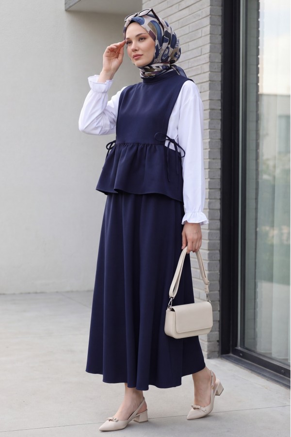 Shirt Detail, Side Lace-Up Ruffled Skirt Double Set -Navy blue