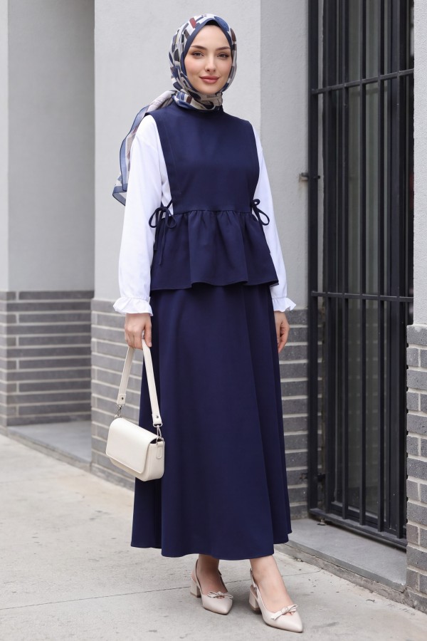 Shirt Detail, Side Lace-Up Ruffled Skirt Double Set -Navy blue