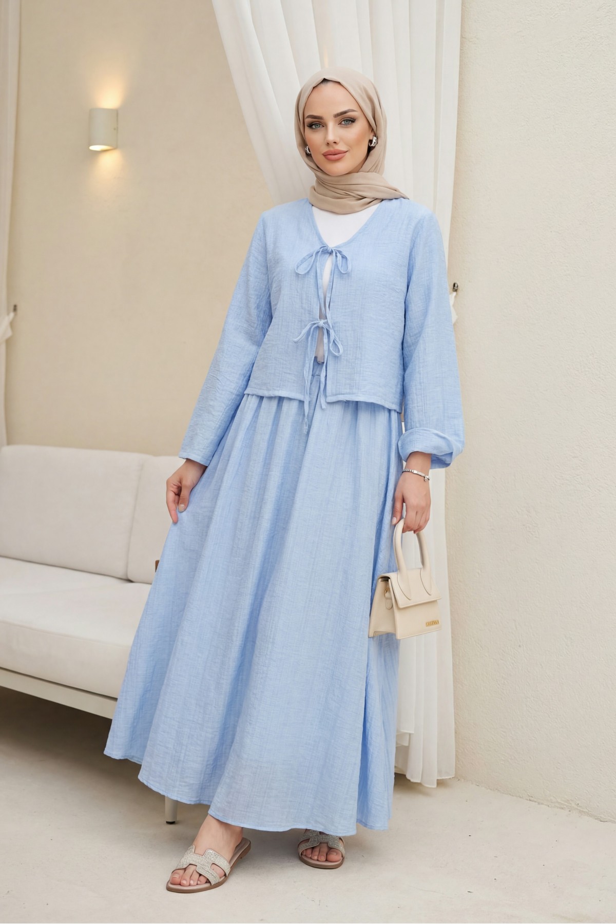 Lace-up Front, Lined Skirt, Crepe Fabric Kimono Set -Light blue