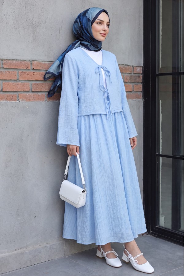 Önü Bağcıklı Eteği Astarlı Bürümcük Kimono Takım -Açık Mavi