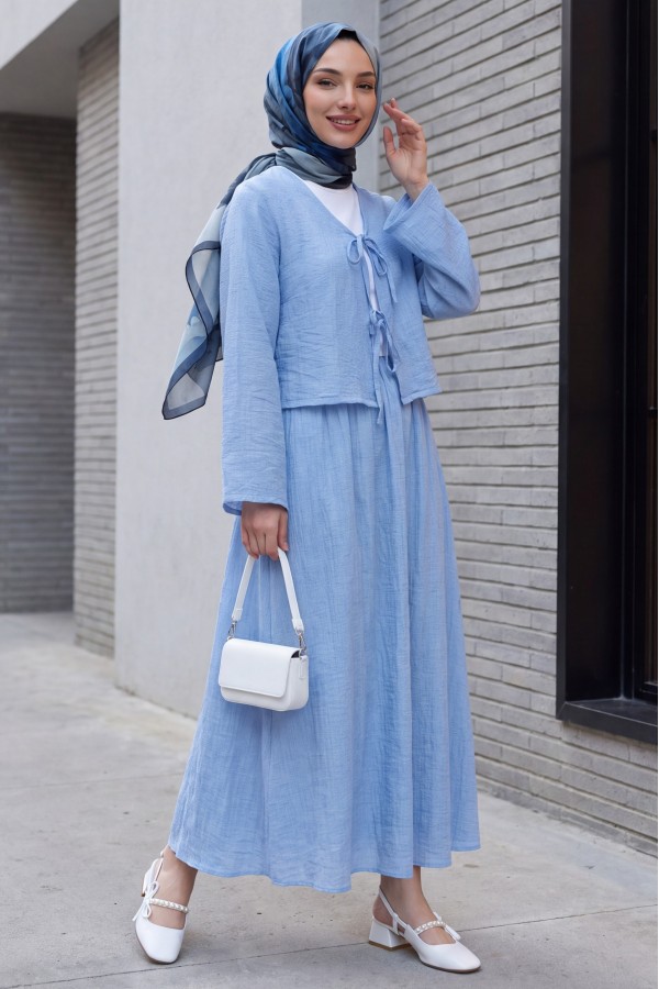 Önü Bağcıklı Eteği Astarlı Bürümcük Kimono Takım -Açık Mavi