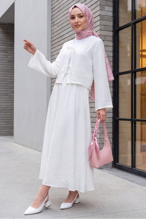 Lace-up Front, Lined Skirt, Crepe Fabric Kimono Set -White