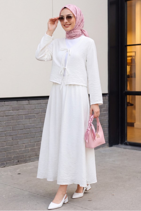 Lace-up Front, Lined Skirt, Crepe Fabric Kimono Set -White