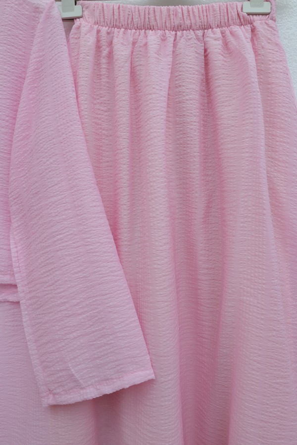 Lace-up Front, Lined Skirt, Crepe Fabric Kimono Set -Pink