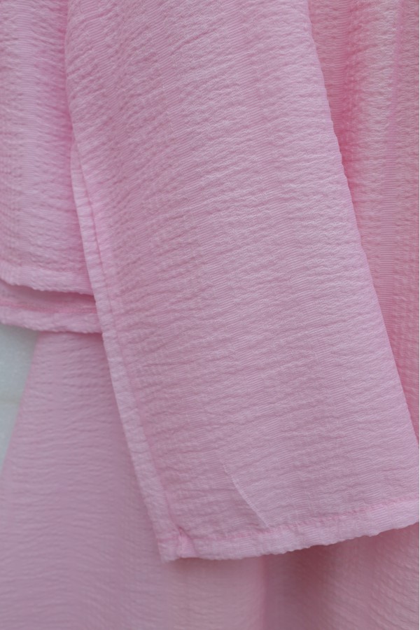Lace-up Front, Lined Skirt, Crepe Fabric Kimono Set -Pink