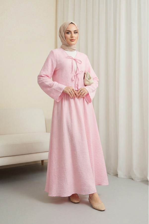 Önü Bağcıklı Eteği Astarlı Bürümcük Kimono Takım -Pembe
