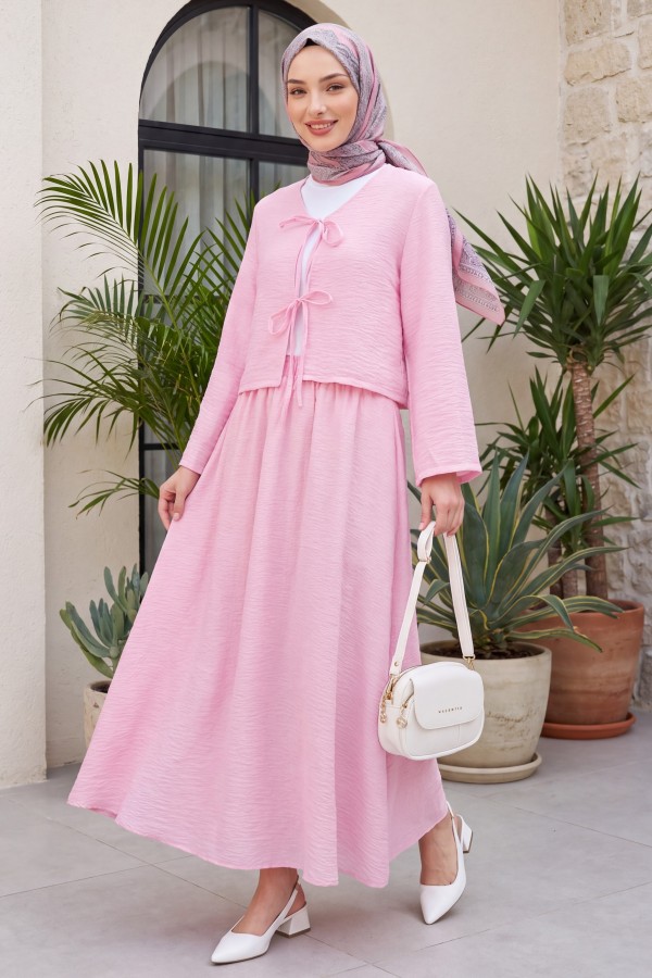 Önü Bağcıklı Eteği Astarlı Bürümcük Kimono Takım -Pembe