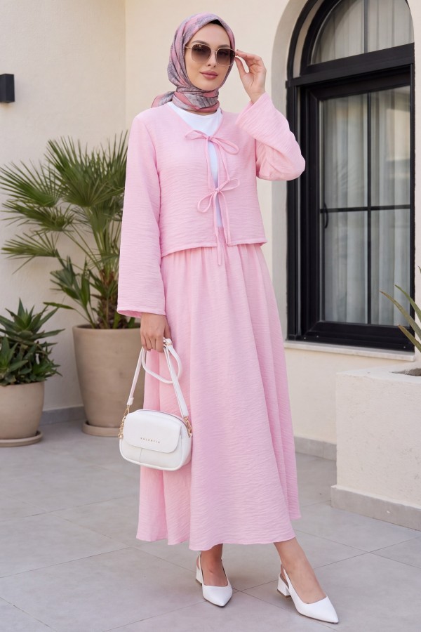 Önü Bağcıklı Eteği Astarlı Bürümcük Kimono Takım -Pembe