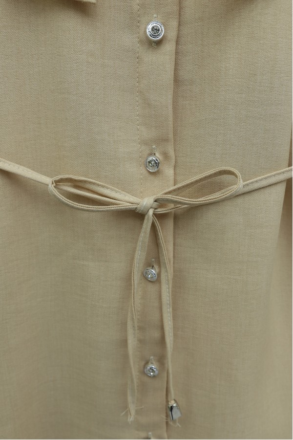 Linen Tunic with Double Layer Ruffled Collar, Buttoned Waist, and Drawstring -Light Mink