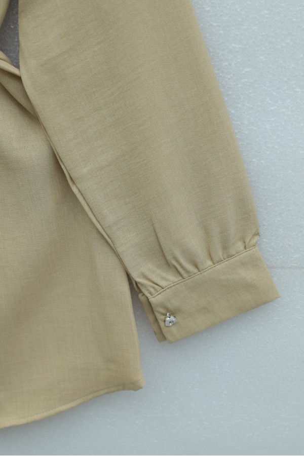 Linen Tunic with Double Layer Ruffled Collar, Buttoned Waist, and Drawstring -Light Mink